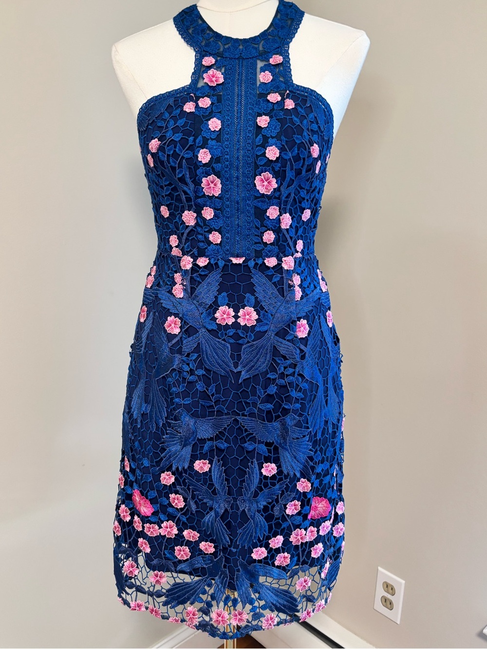 Marchesa Notte Navy Floral Lace Halter Mini Dress Size 0